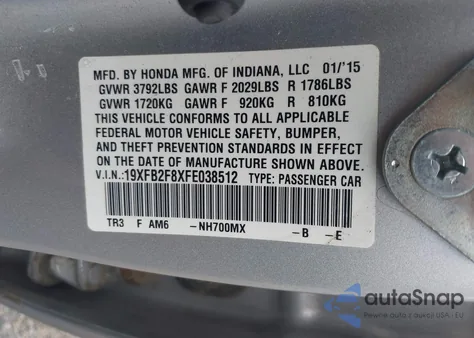 2015 Honda Civic Ex z USA, uszkodzony, nr VIN 19XFB2F8XFE038512